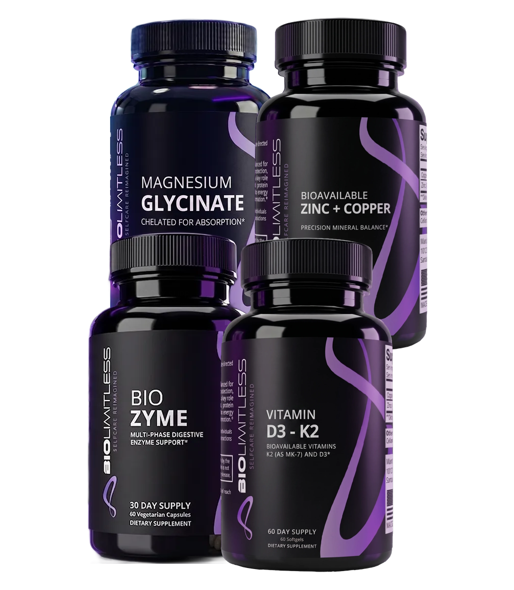 The Bio Basics Core Four: Magnesium Glycinate, Zinc + Copper, BioZyme and Vitamin D3 - K2